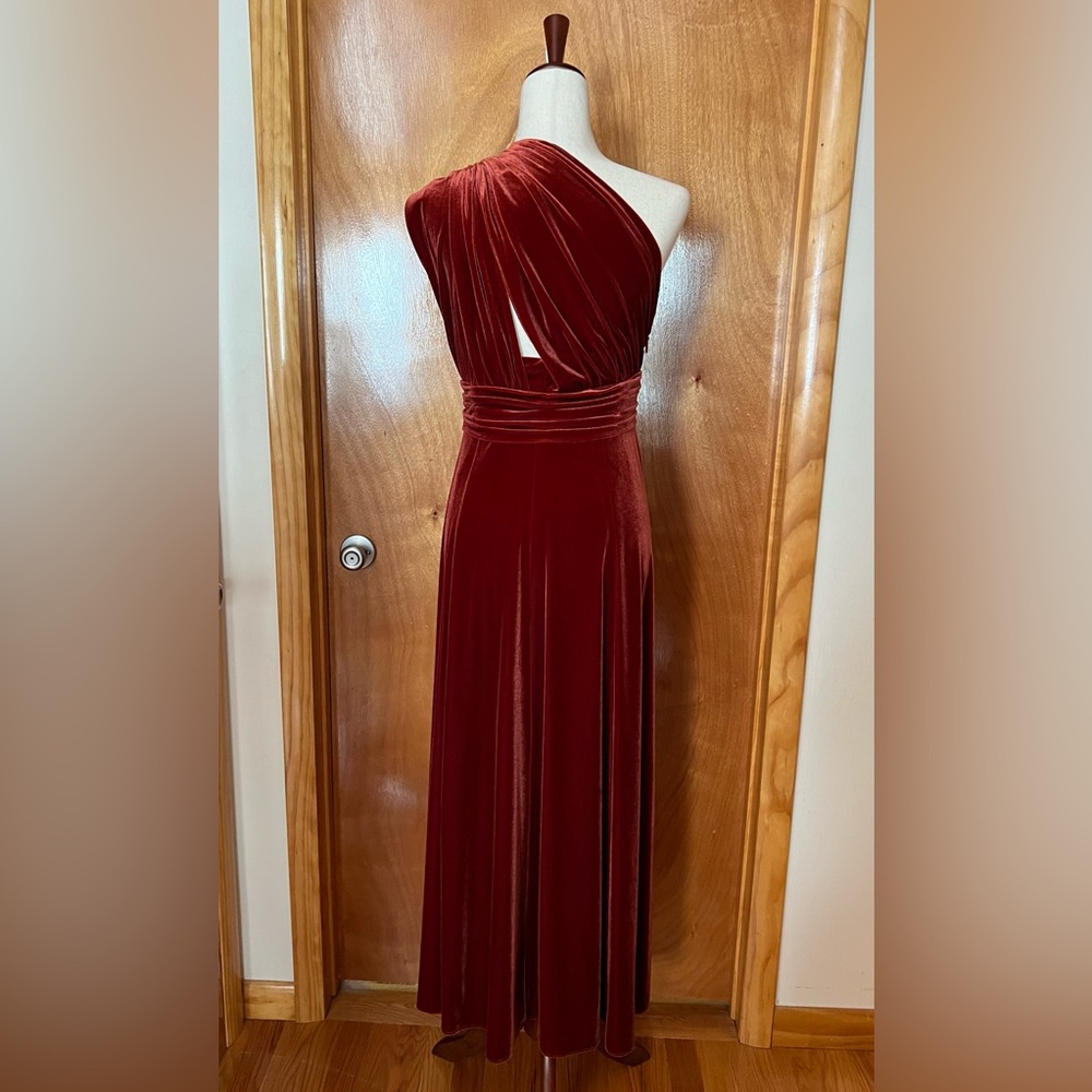 AZAZIE, 12S, Charlize, Terracotta Color, A-Line One Shoulder, Velvet Dress - EUC - Picture 3 of 5
